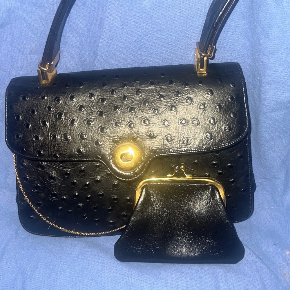 Rare vintage koret black ostrich leather handbag goldtone